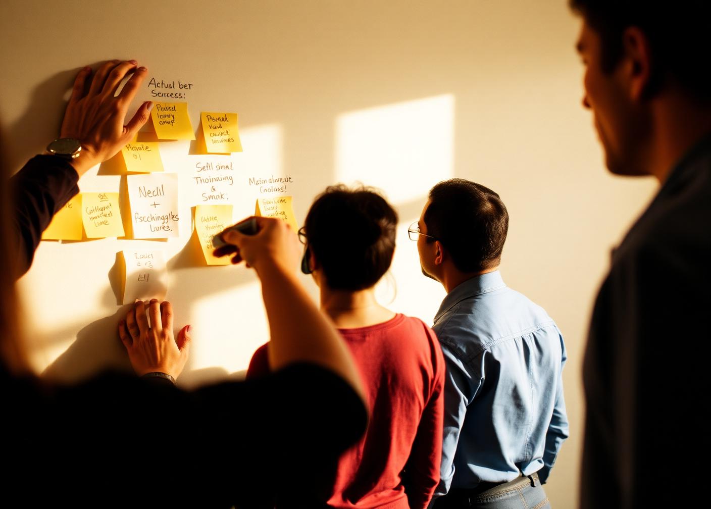 Hands arranging handwritten notes on a wall during a team session