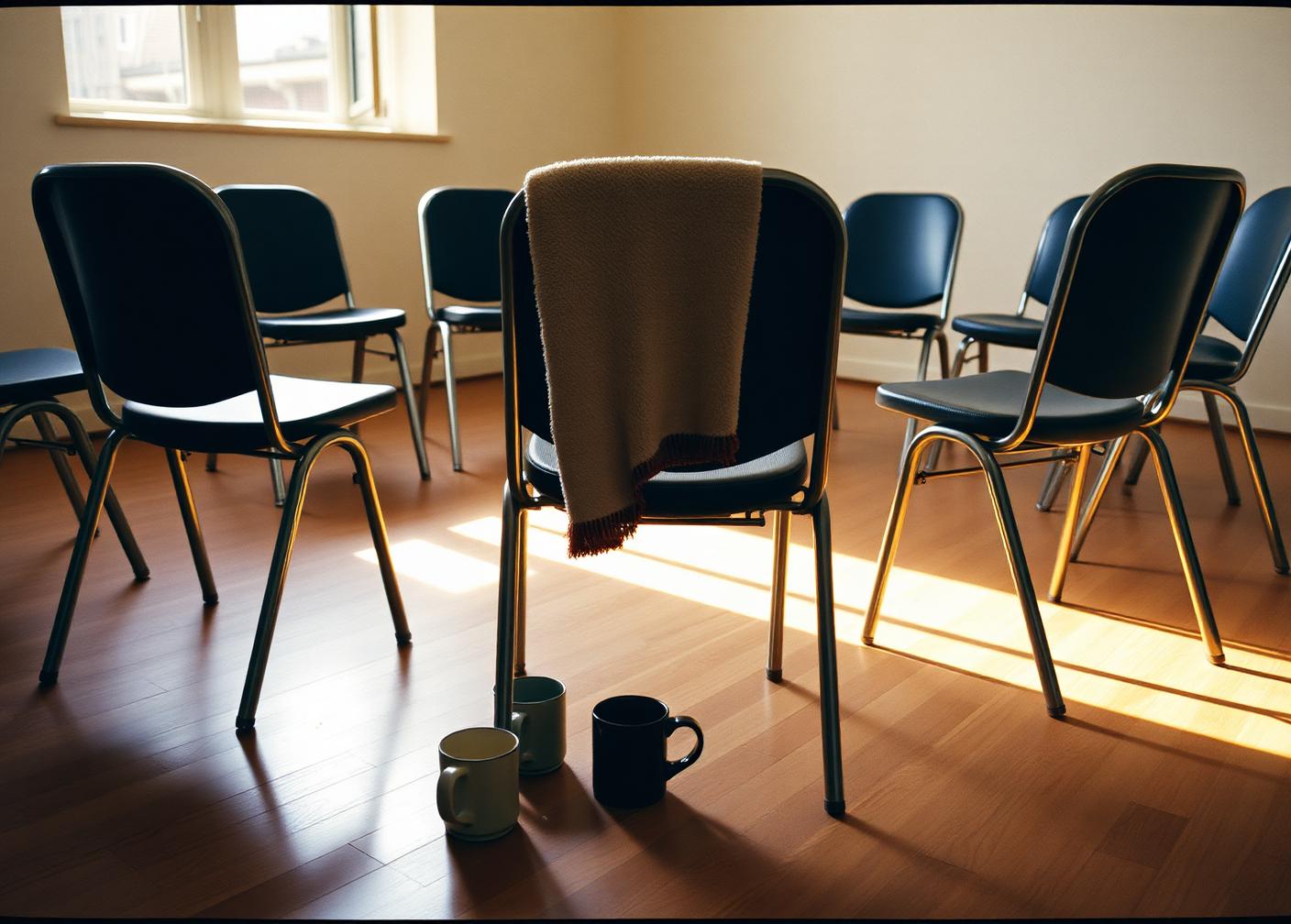 A circle of chairs in a plain community room, a blanket left over one chair back