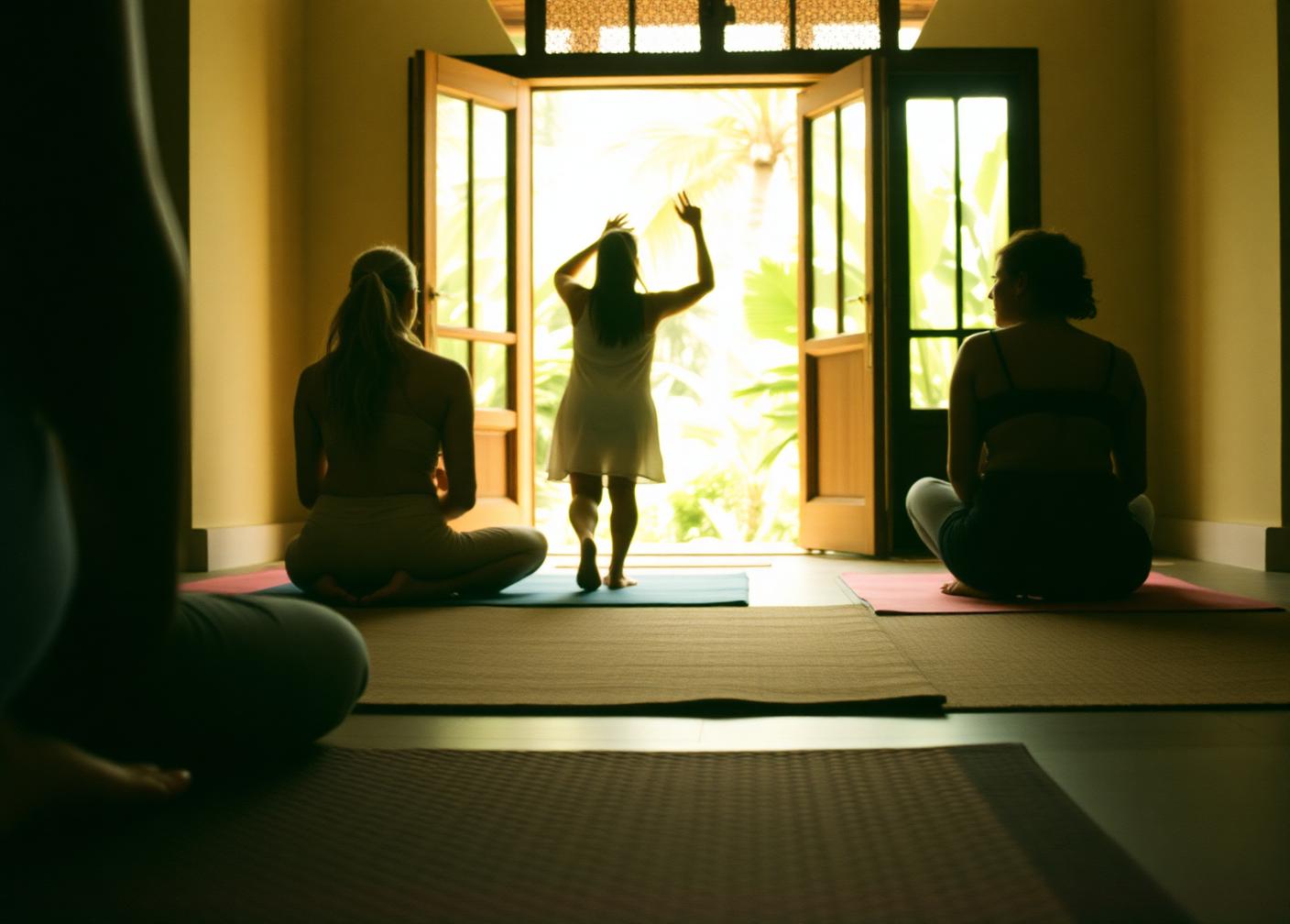 Retreat guests mid-session on woven mats, seen from behind in warm daylight