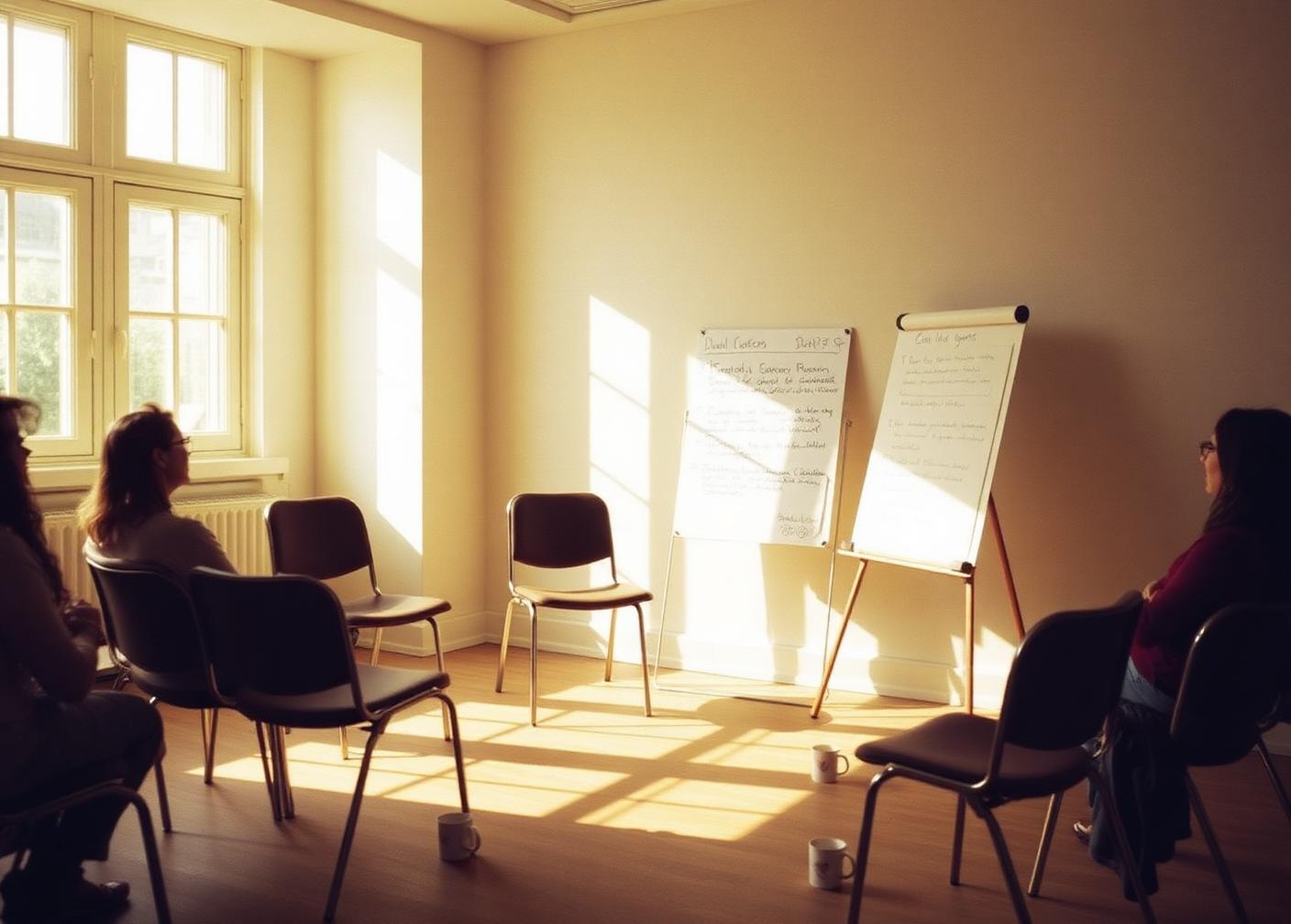 A circle of chairs and a flipchart of handwritten notes in a sunlit room
